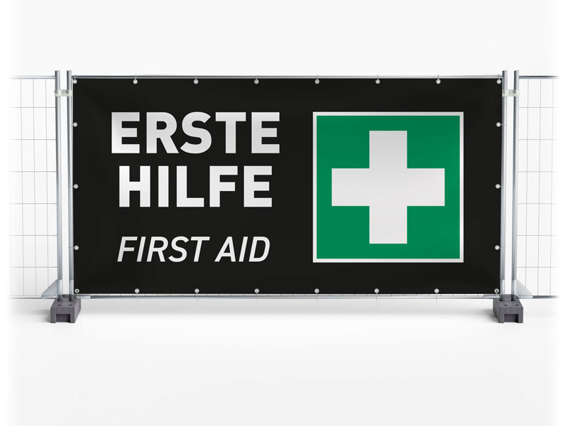 Erste Hilfe / First Aid - Festival-Banner / Veranstaltungsbanner / Bauzaunbanner - 340 x 173 cm