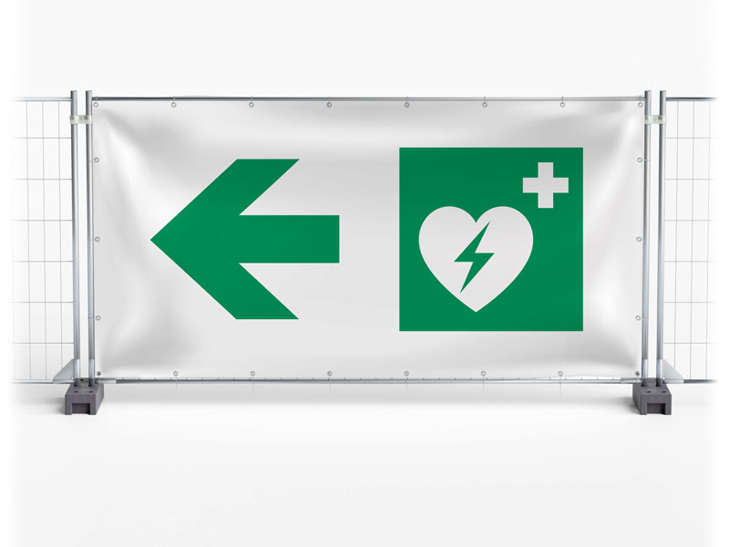 Defibrillator AED links - Festival-Banner / Veranstaltungsbanner / Bauzaunbanner - 340 x 173 cm