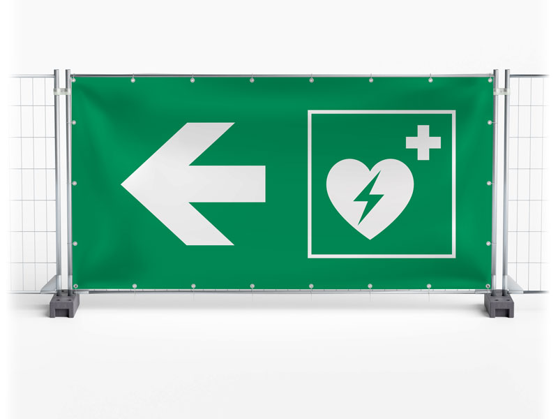 Defibrillator AED links - Festival-Banner / Veranstaltungsbanner / Bauzaunbanner - 340 x 173 cm