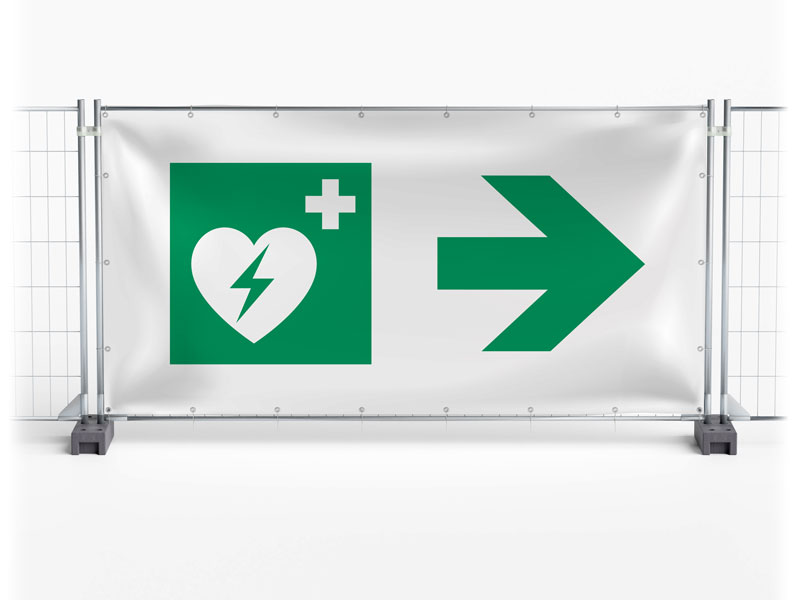 Defibrillator AED rechts - Festival-Banner / Veranstaltungsbanner / Bauzaunbanner - 340 x 173 cm