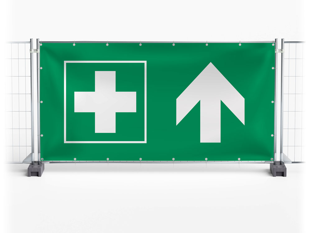 Erste Hilfe / First Aid geradeaus - Festival-Banner / Veranstaltungsbanner / Bauzaunbanner - 340 x 173 cm