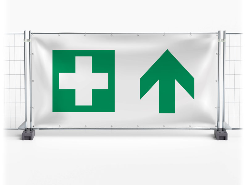 Erste Hilfe / First Aid geradeaus - Festival-Banner / Veranstaltungsbanner / Bauzaunbanner - 340 x 173 cm