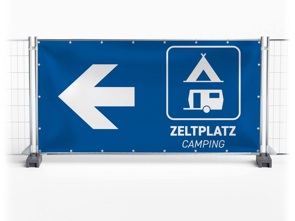 Camping Wegweiser links - Festival-Banner / Veranstaltungsbanner / Bauzaunbanner - 340 x 173 cm