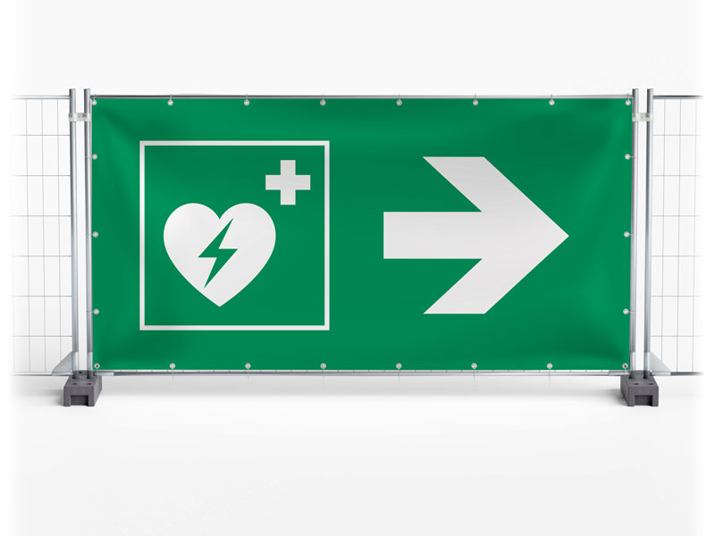 Defibrillator AED rechts - Festival-Banner / Veranstaltungsbanner / Bauzaunbanner - 340 x 173 cm