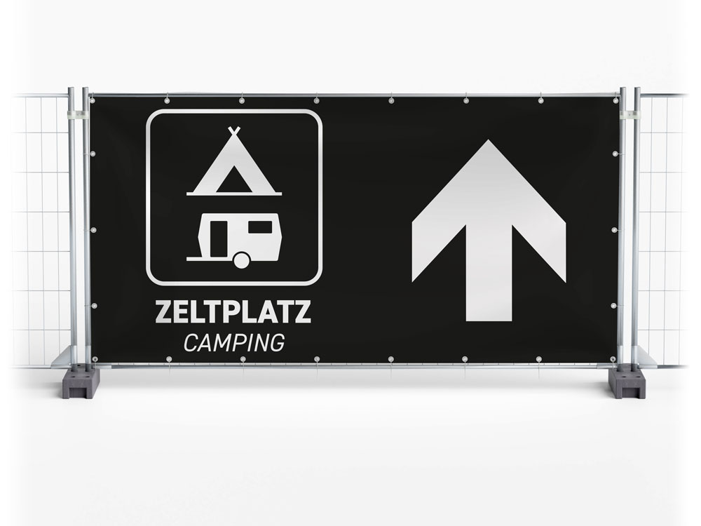 Camping Wegweiser rechts - Festival-Banner / Veranstaltungsbanner / Bauzaunbanner - 340 x 173 cm
