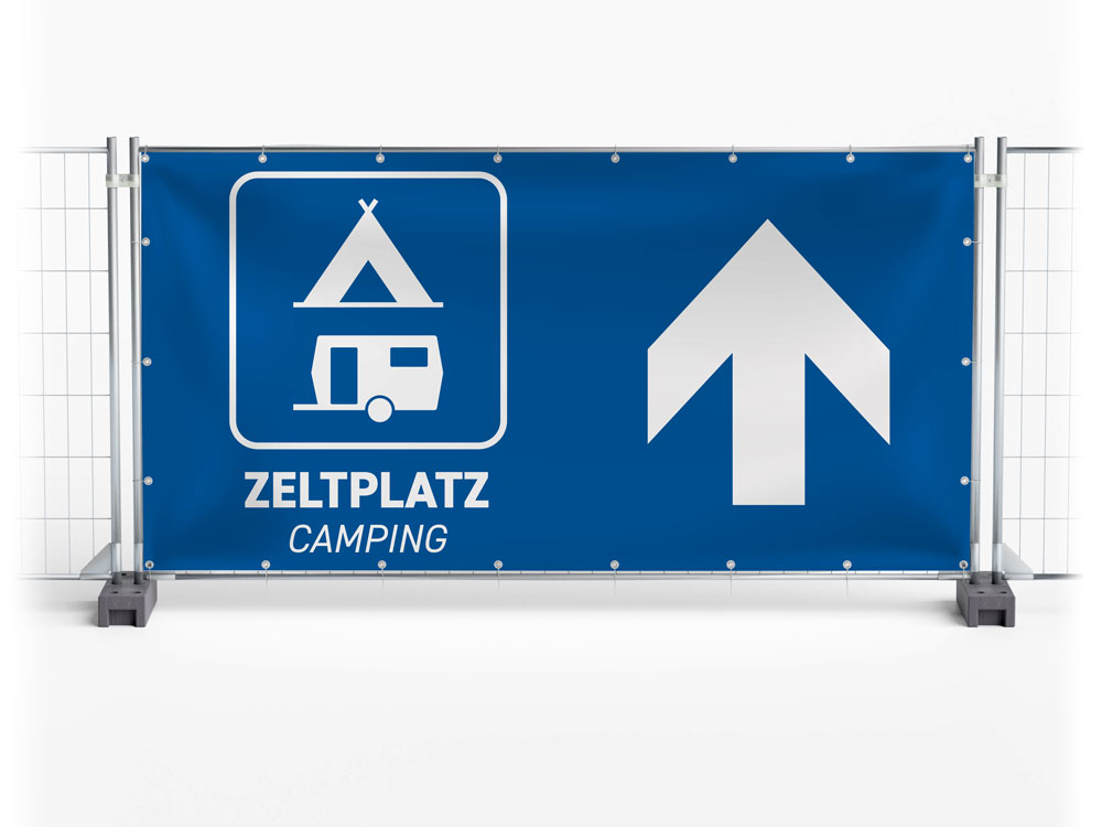 Camping Wegweiser links - Festival-Banner / Veranstaltungsbanner / Bauzaunbanner - 340 x 173 cm