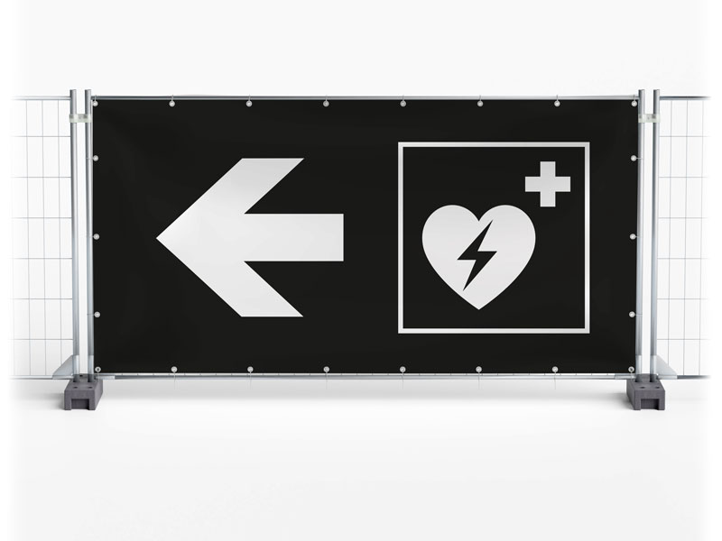 Defibrillator AED links - Festival-Banner / Veranstaltungsbanner / Bauzaunbanner - 340 x 173 cm