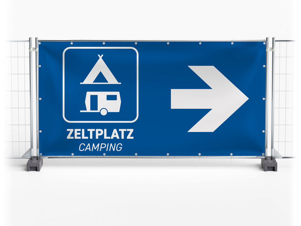 Camping Wegweiser rechts - Festival-Banner / Veranstaltungsbanner / Bauzaunbanner - 340 x 173 cm