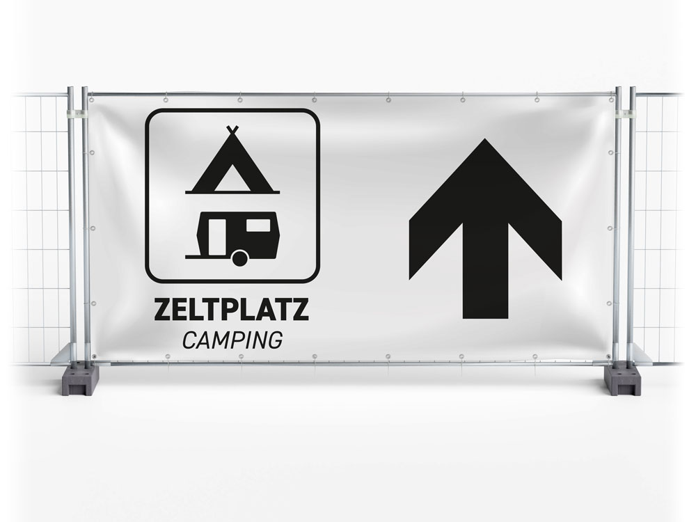Camping Wegweiser links - Festival-Banner / Veranstaltungsbanner / Bauzaunbanner - 340 x 173 cm