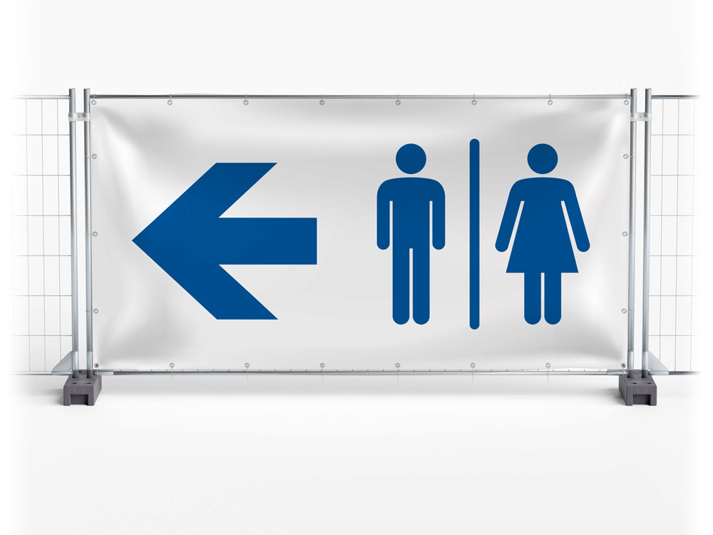 WC / Toilet links - Festival-Banner / Veranstaltungsbanner / Bauzaunbanner - 340 x 173 cm