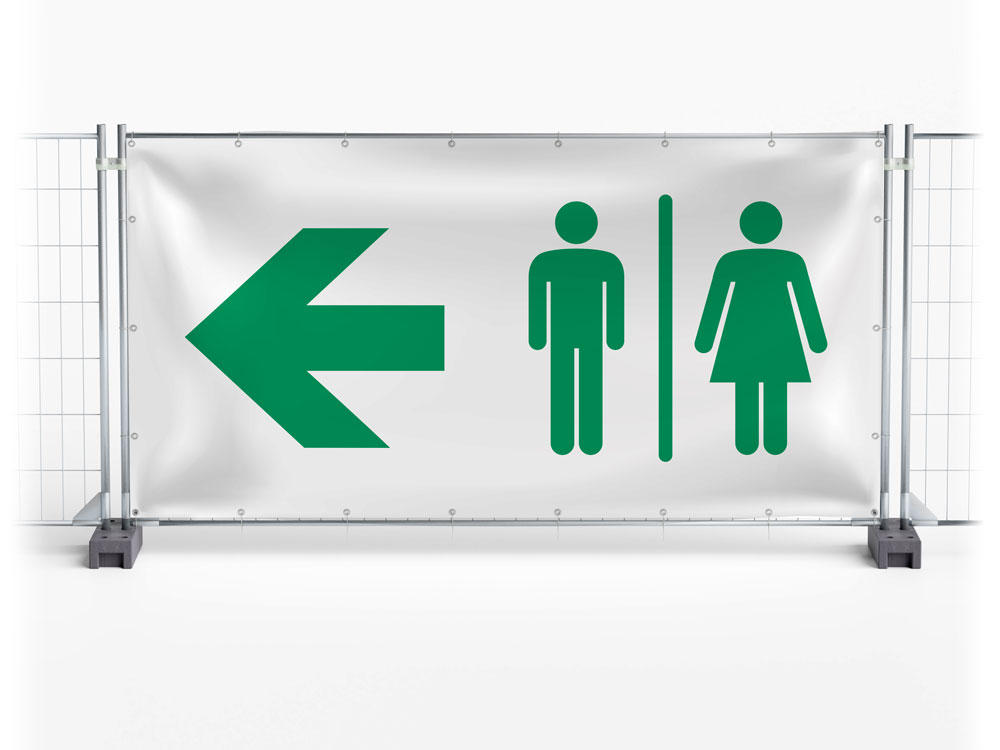 WC / Toilet links - Festival-Banner / Veranstaltungsbanner / Bauzaunbanner - 340 x 173 cm