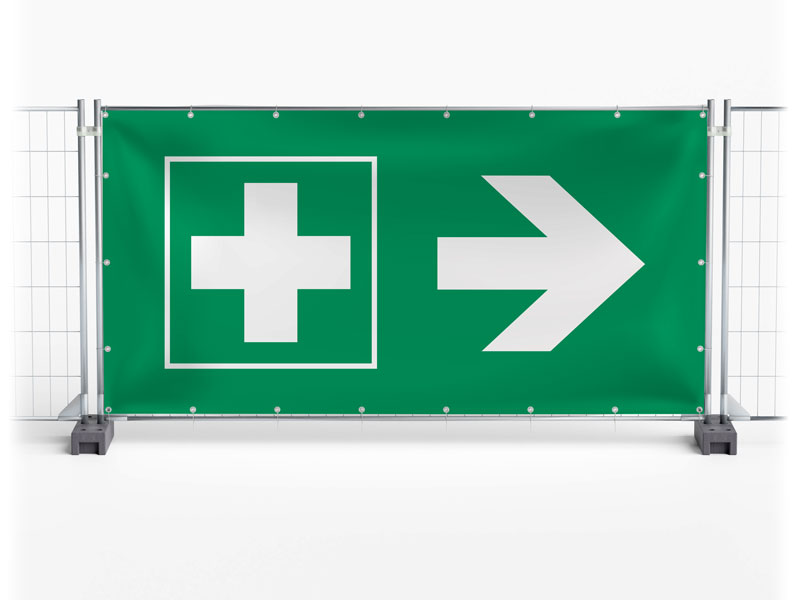 Erste Hilfe / First Aid rechts - Festival-Banner / Veranstaltungsbanner / Bauzaunbanner - 340 x 173 cm
